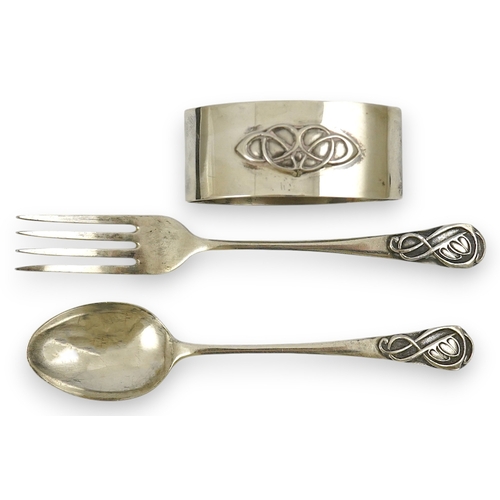 53 - A 1930's Arts & Crafts Liberty & Co cased silver three piece christening set, comprising a spoon, fo... 