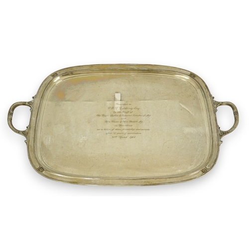 62 - A George V silver two handled tea tray, by James Dixon & Sons, of rounded rectangular form, with lat... 