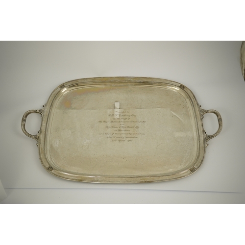 62 - A George V silver two handled tea tray, by James Dixon & Sons, of rounded rectangular form, with lat... 