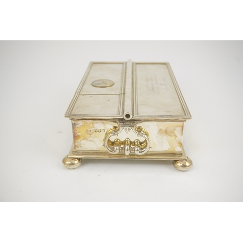 68 - A George V Britannia standard silver and enamel combination treasury inkstand/ cigarette box, by Cr... 