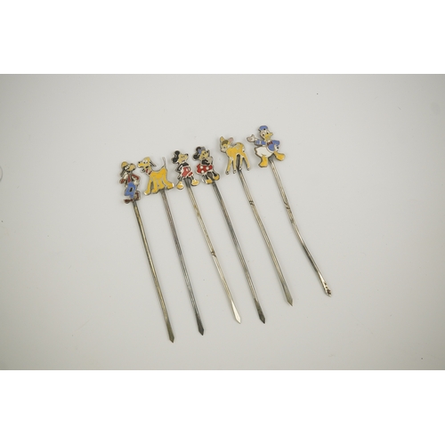 70 - A cased set of six enamelled sterling Disney Character cocktail sticks, including Mickey Mouse, Dona... 