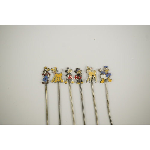 70 - A cased set of six enamelled sterling Disney Character cocktail sticks, including Mickey Mouse, Dona... 