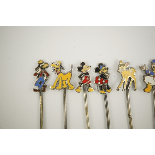 70 - A cased set of six enamelled sterling Disney Character cocktail sticks, including Mickey Mouse, Dona... 