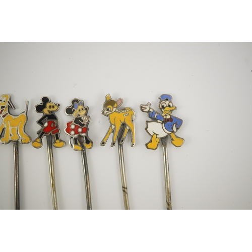 70 - A cased set of six enamelled sterling Disney Character cocktail sticks, including Mickey Mouse, Dona... 