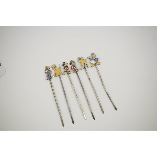 70 - A cased set of six enamelled sterling Disney Character cocktail sticks, including Mickey Mouse, Dona... 