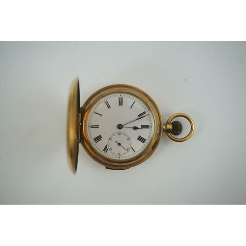 87 - An Astra gold plated quarter repeating hunter pocket watch, with Roman dial and subsidiary seconds, ... 