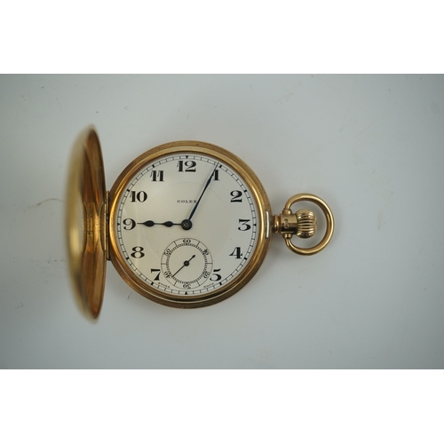 88 - A George V 9ct gold Rolex keyless lever half hunter pocket watch, with Arabic dial, subsidiary secon... 