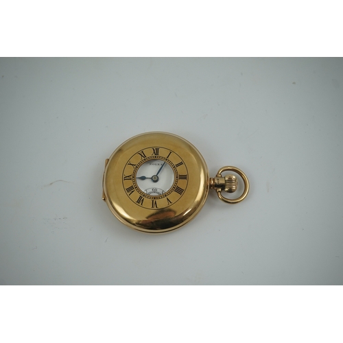 88 - A George V 9ct gold Rolex keyless lever half hunter pocket watch, with Arabic dial, subsidiary secon... 