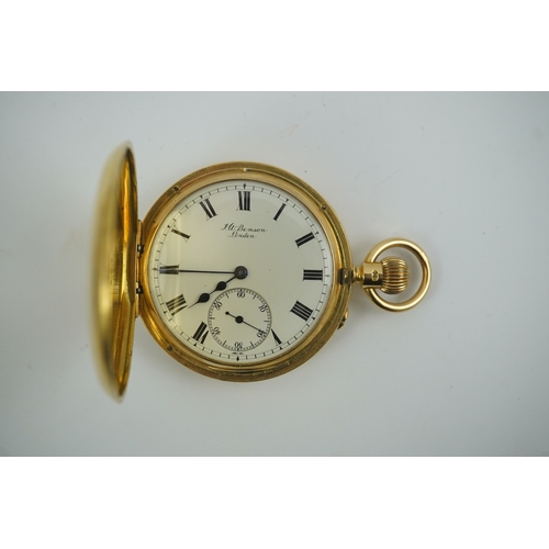 89 - An Edwardian 18ct gold J.W. Benson half hunter keyless pocket watch, with Roman dial, subsidiary sec... 