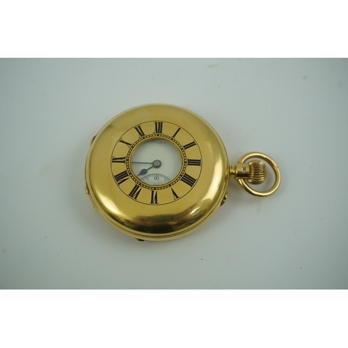 89 - An Edwardian 18ct gold J.W. Benson half hunter keyless pocket watch, with Roman dial, subsidiary sec... 