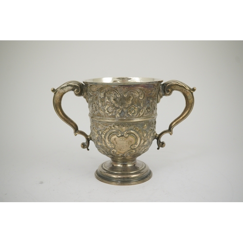 9 - A George II silver loving cup with later floral embossed decoration, maker's initials RI, London, 17... 