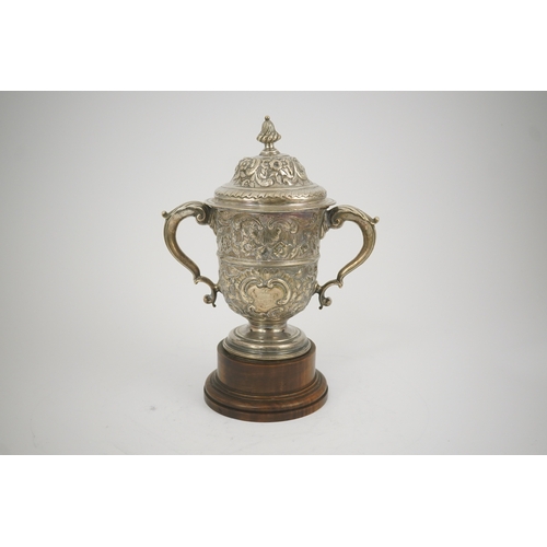 9 - A George II silver loving cup with later floral embossed decoration, maker's initials RI, London, 17... 