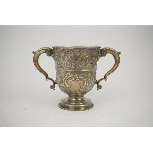 9 - A George II silver loving cup with later floral embossed decoration, maker's initials RI, London, 17... 