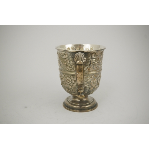 9 - A George II silver loving cup with later floral embossed decoration, maker's initials RI, London, 17... 