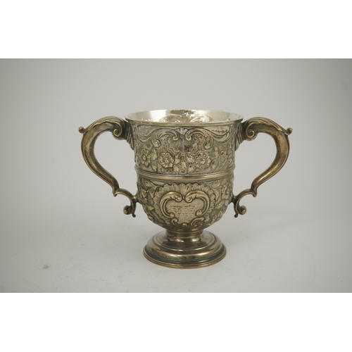 9 - A George II silver loving cup with later floral embossed decoration, maker's initials RI, London, 17... 