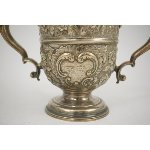 9 - A George II silver loving cup with later floral embossed decoration, maker's initials RI, London, 17... 