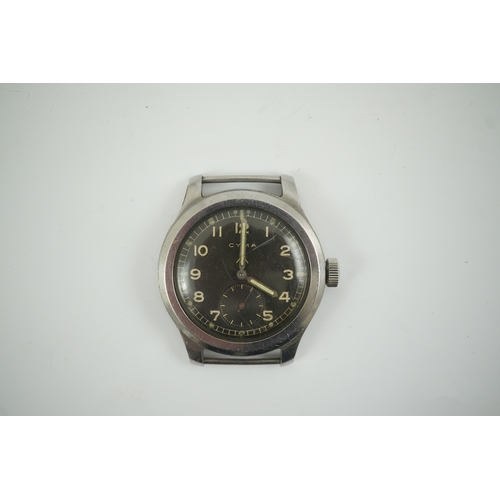 95 - A gentleman's WWII military issue steel Cyma (Dirty Dozen) manual wind wrist watch, with black Arabi... 