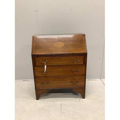 1018 - An Edwardian inlaid mahogany bureau fitted three drawers, width 75cm, depth 42cm, height 95cm. Condi... 