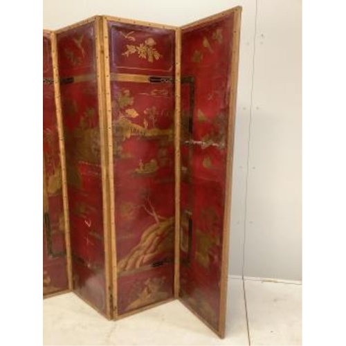 1022 - An early 20th century chinoiserie painted leather four fold screen, each panel width 46cm, height 18... 