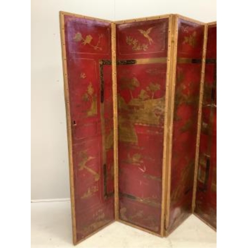 1022 - An early 20th century chinoiserie painted leather four fold screen, each panel width 46cm, height 18... 