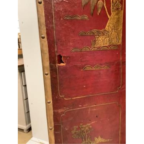 1022 - An early 20th century chinoiserie painted leather four fold screen, each panel width 46cm, height 18... 