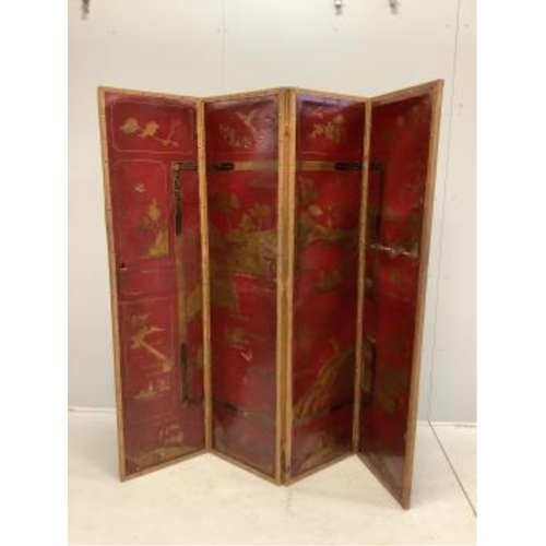 1022 - An early 20th century chinoiserie painted leather four fold screen, each panel width 46cm, height 18... 