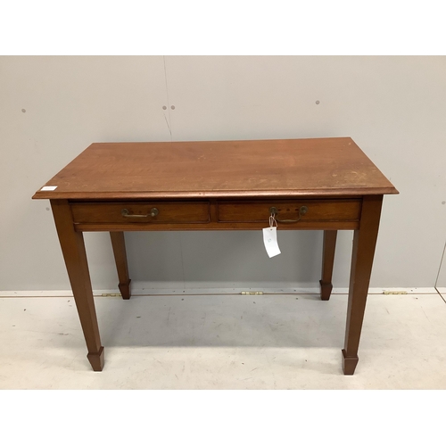 1024 - A George III style mahogany side table with two frieze drawers with swan neck brass handles and squa... 