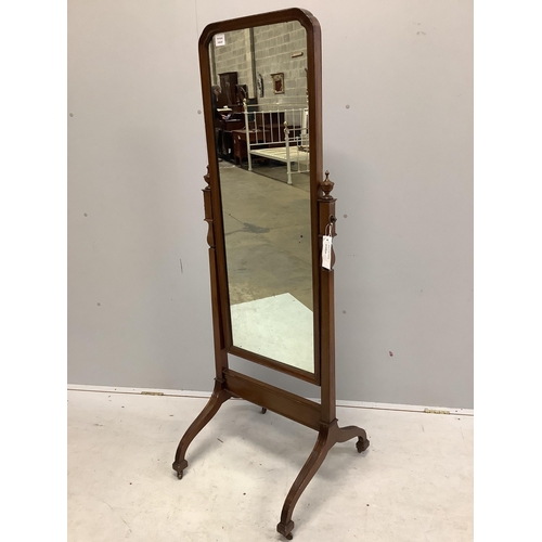 1025 - An early 20th century mahogany cheval mirror on fluted down swept feet, width 54cm, height 158cm. Co... 