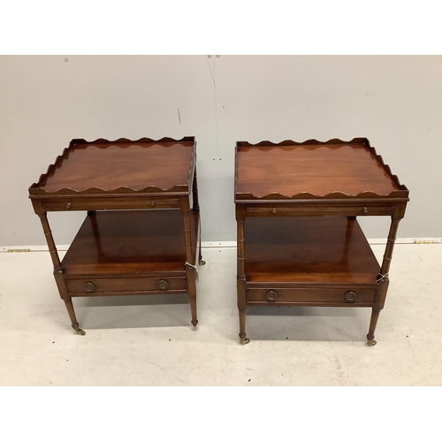 1026 - A pair of reproduction mahogany two tier tables fitted slides on ring turned legs, width 48cm, depth... 