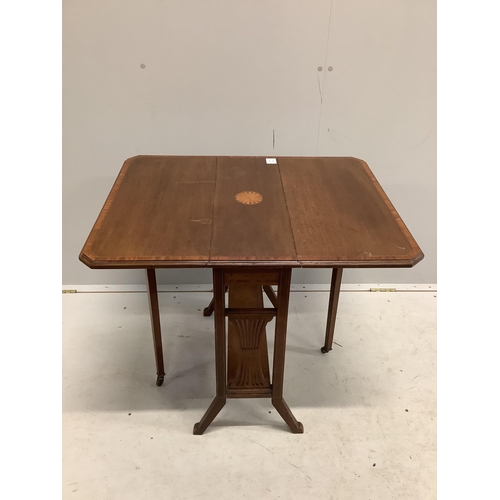 1028 - An Edwardian inlaid mahogany Sutherland table, width 60cm, depth 21cm, height 65cm. Condition - fair... 