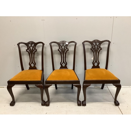 1040 - Four Chippendale style mahogany dining chairs, with pierced, interlaced splats above old gold velour... 