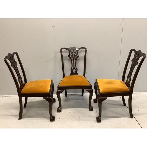 1040 - Four Chippendale style mahogany dining chairs, with pierced, interlaced splats above old gold velour... 