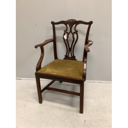 1040 - Four Chippendale style mahogany dining chairs, with pierced, interlaced splats above old gold velour... 