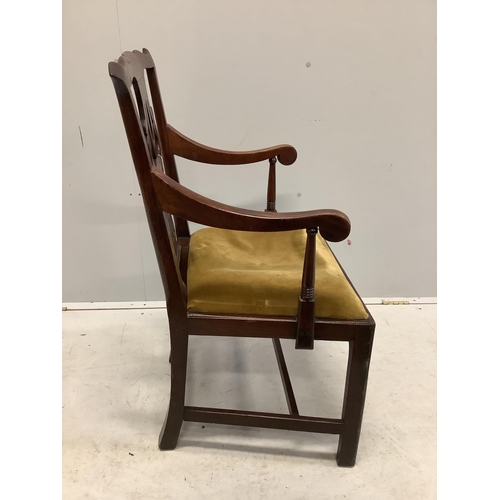 1041 - A George III Chippendale style mahogany elbow chair with a later similar elbow chair. Condition - fa... 