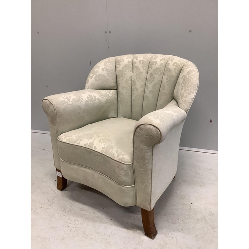 1042 - An Art Deco style upholstered tub shaped armchair, width 70cm, depth 68cm, height 76cm. Condition - ... 