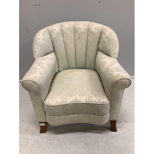 1042 - An Art Deco style upholstered tub shaped armchair, width 70cm, depth 68cm, height 76cm. Condition - ... 