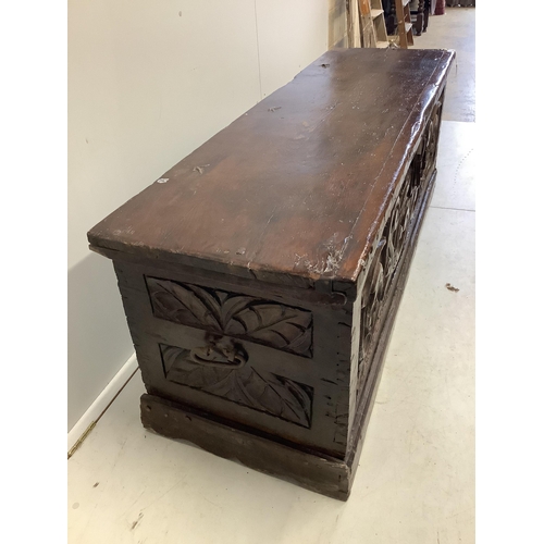 1059 - An 18th century Spanish oak coffer, width 172cm, depth 54cm, height 65cm. Condition - poor to fair... 