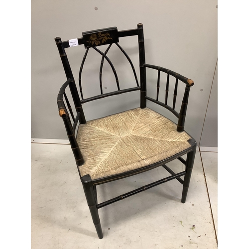 1071 - A Regency painted faux bamboo elbow chair, width 52cm, depth 41cm, height 85cm. Condition - fair... 