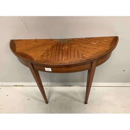 1074 - A small Sheraton style inlaid satinwood D shaped console table, width 76cm, depth 25cm, height 71cm.... 