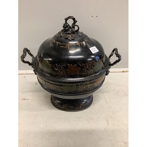 1075 - A 19th century japanned toleware coal bin, width 52cm, height 55cm. Condition - fair