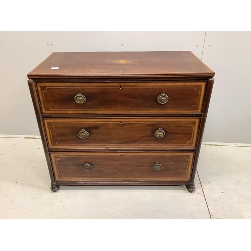 1076 - A 19th century later inlaid mahogany chest of three drawers, bears S & H Jewell retail label, width ... 