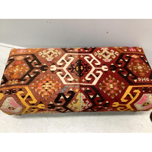 1081 - A large contemporary rectangular footstool with antique polychrome Kilim upholstery on turned beech ... 