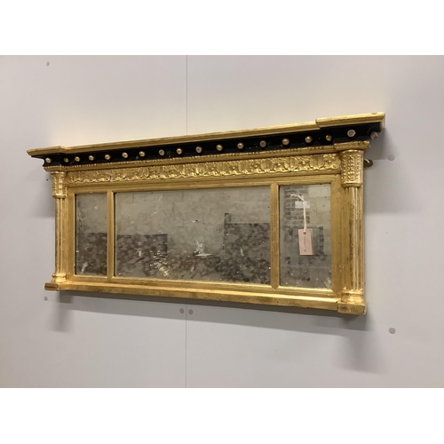 1087 - A Regency giltwood and composition triple plate overmantel mirror, width 114cm, height 48cm. Conditi... 