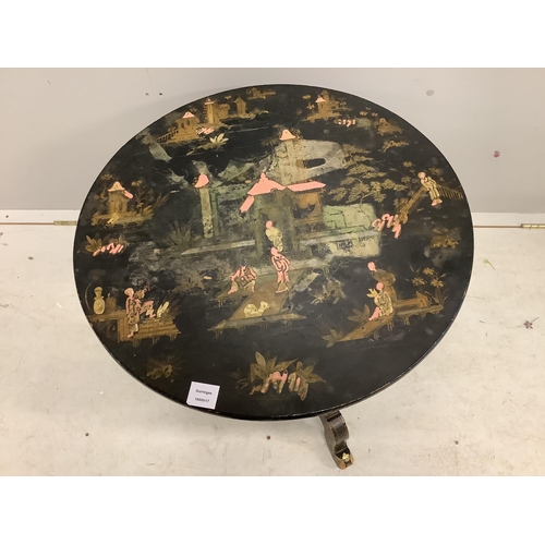 1093 - A 19th century chinoiserie lacquered circular tilt top tripod table, diameter 65cm, height 54cm, (re... 