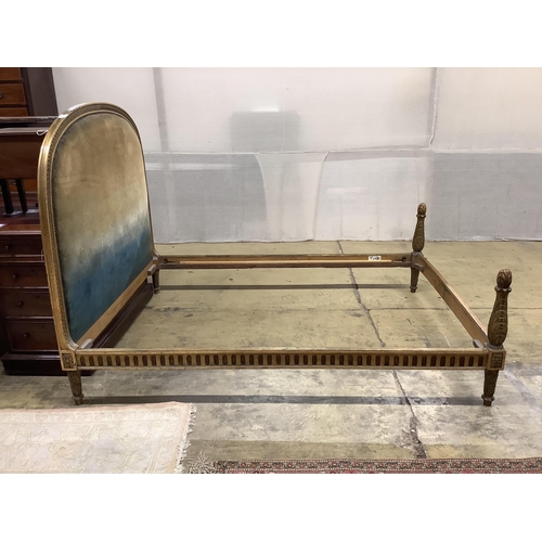 1102 - A Louis XVI style carved giltwood and composition bed frame, width 150cm, length 200cm, height 134cm... 