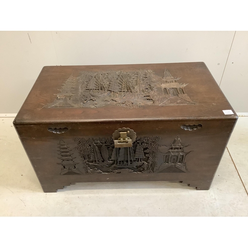 1103 - A Chinese carved camphorwood trunk, width 100cm, depth 55cm, height 57cm. Condition - fair