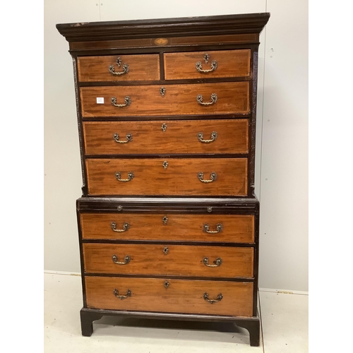 1120 - A George III satinwood banded mahogany chest on chest, width 110cm, depth 56cm, height 186cm. Condit... 