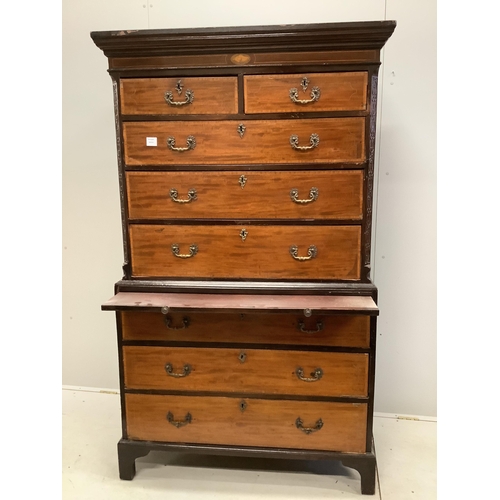 1120 - A George III satinwood banded mahogany chest on chest, width 110cm, depth 56cm, height 186cm. Condit... 