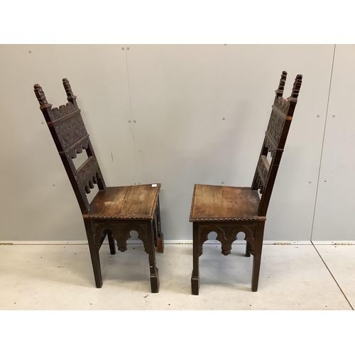 1121 - A pair of 19th century Italian walnut hall chairs, width 48cm, depth 39cm, height 118cm. Condition -... 