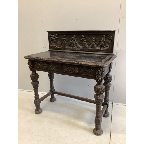 1122 - A late 19th century Flemish style carved oak side table, width 109cm, depth 53cm, height 116cm. Cond... 